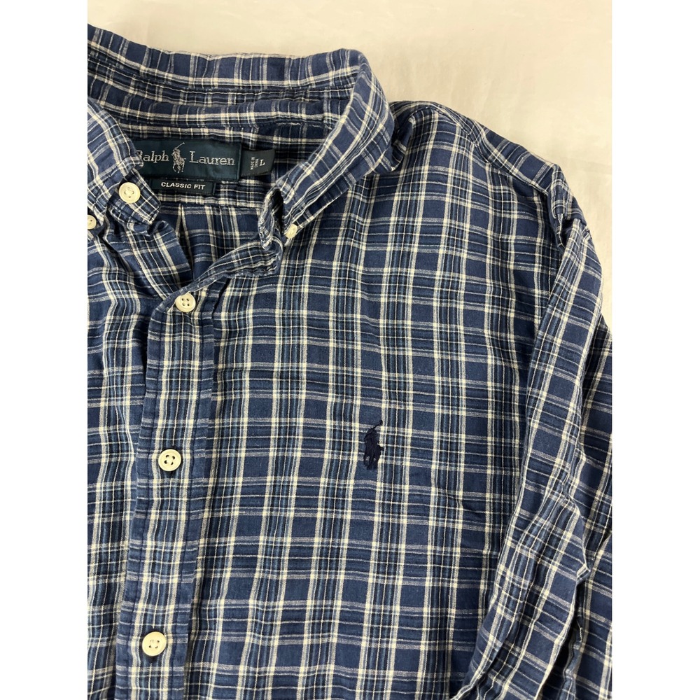 Ralph Lauren Button Down Shirt Mens L Blue Plaid Classic‎ Fit Long Sleeve Cotton